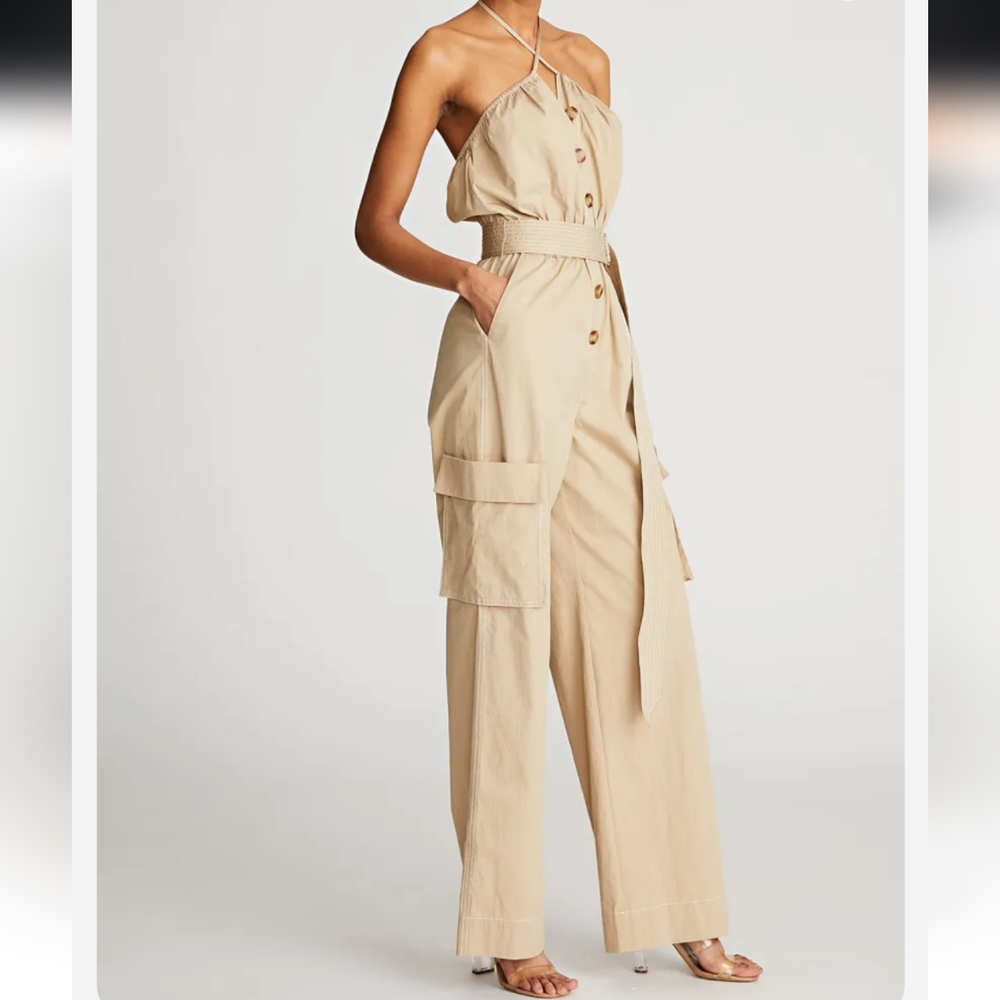 Halston Jumpsuit Women's Size 4 'Bari' Utilitarian Safari Chic Tan Beige
